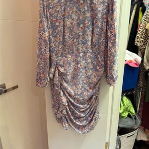 Entro Gray Asymmetrical Ruched Long Sleeve Dress